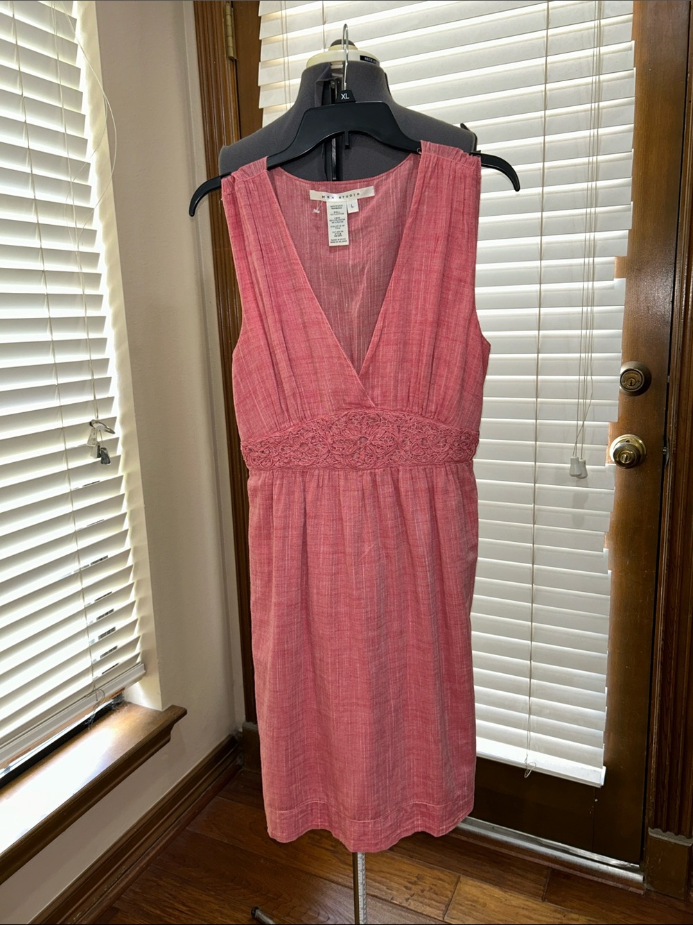 Max Studio 100% Ctn Sleeveless Pink V-Neck Lace-Waist Summer Dress M-L pre-owned